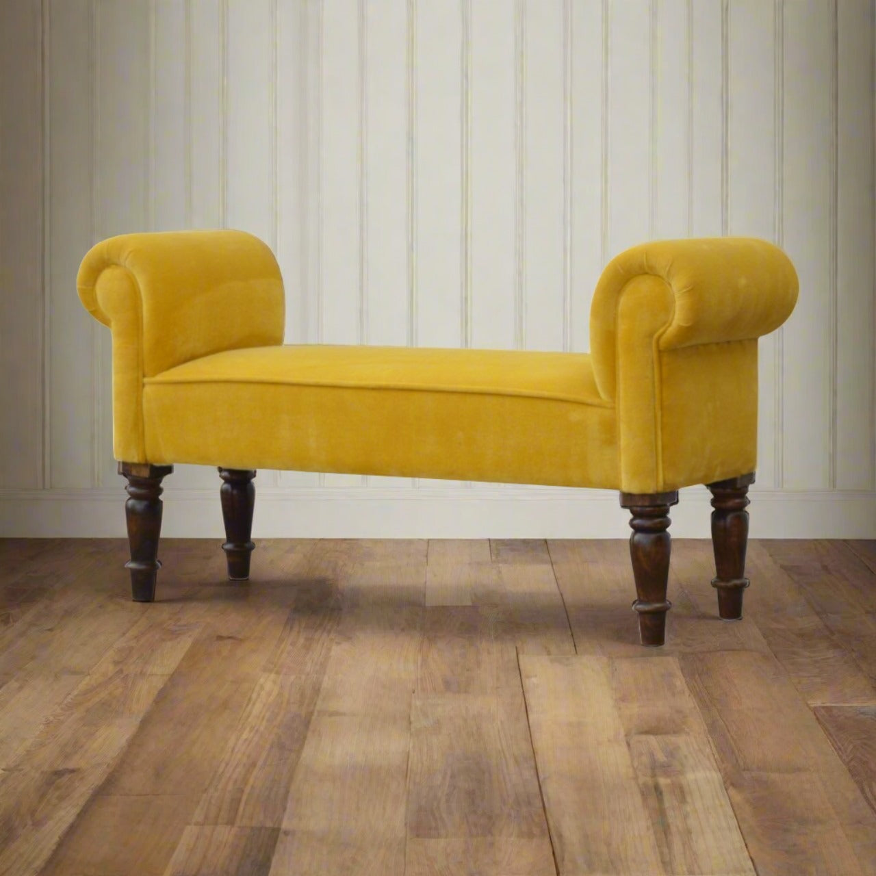 Mustard Yellow Velvet Bench | Solid Mango Wood Legs with Walnut Finish