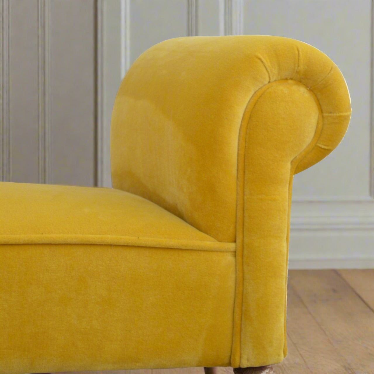 Mustard Yellow Velvet Bench | Solid Mango Wood Legs with Walnut Finish