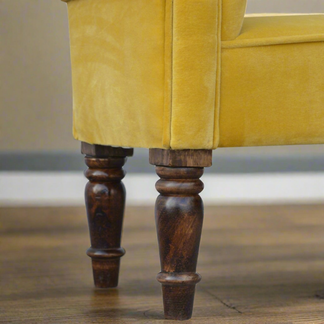 Mustard Yellow Velvet Bench | Solid Mango Wood Legs with Walnut Finish