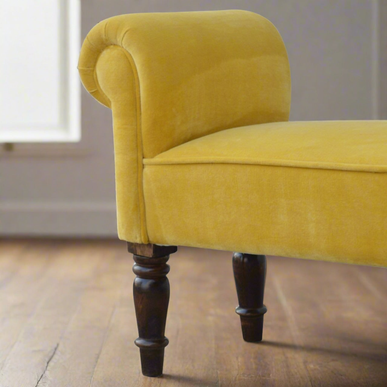 Mustard Yellow Velvet Bench | Solid Mango Wood Legs with Walnut Finish