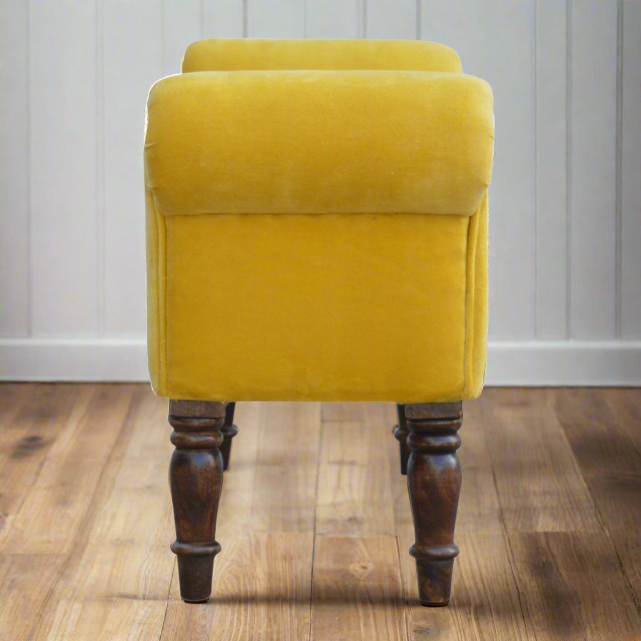 Mustard Yellow Velvet Bench | Solid Mango Wood Legs with Walnut Finish