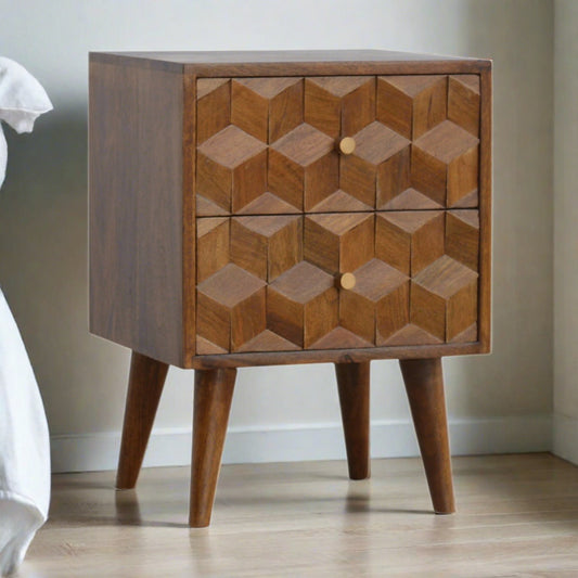 Chestnut Cube Carved Bedside with 2 Drawers